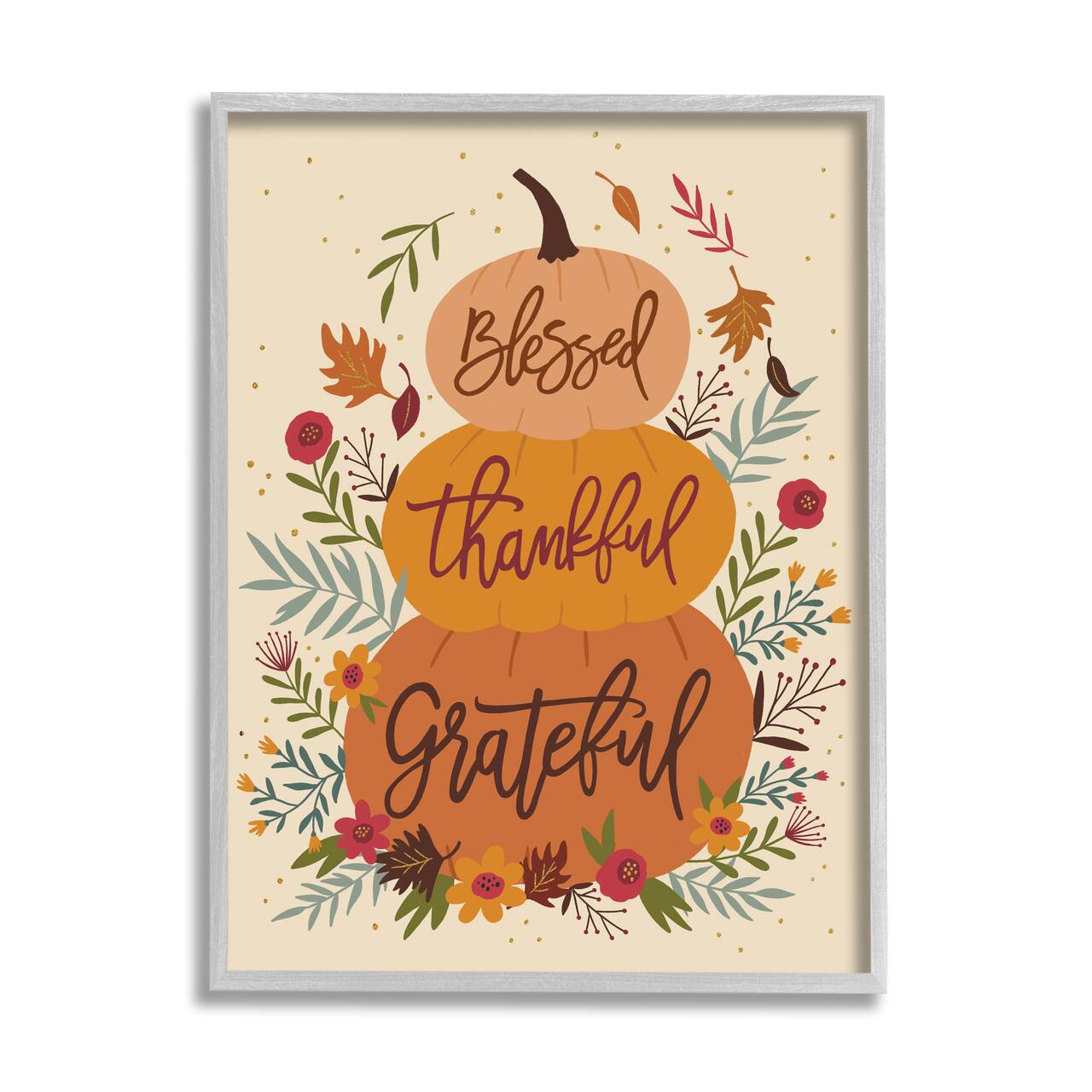 Stupell Industries Blessed Thankful Grateful Sentiments Stacked Orange Pumpkins in Gray Frame Wall Art